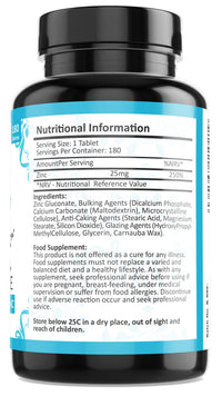 Zinc Tablets 25mg – Zinc Tablets High Strength for Maintenance of Normal Immune System, Hair, Skin, Nails & Bones Zinc Supplements - 180 Vegan Tablets – Made in The UK by Fresh Start Nutrition
