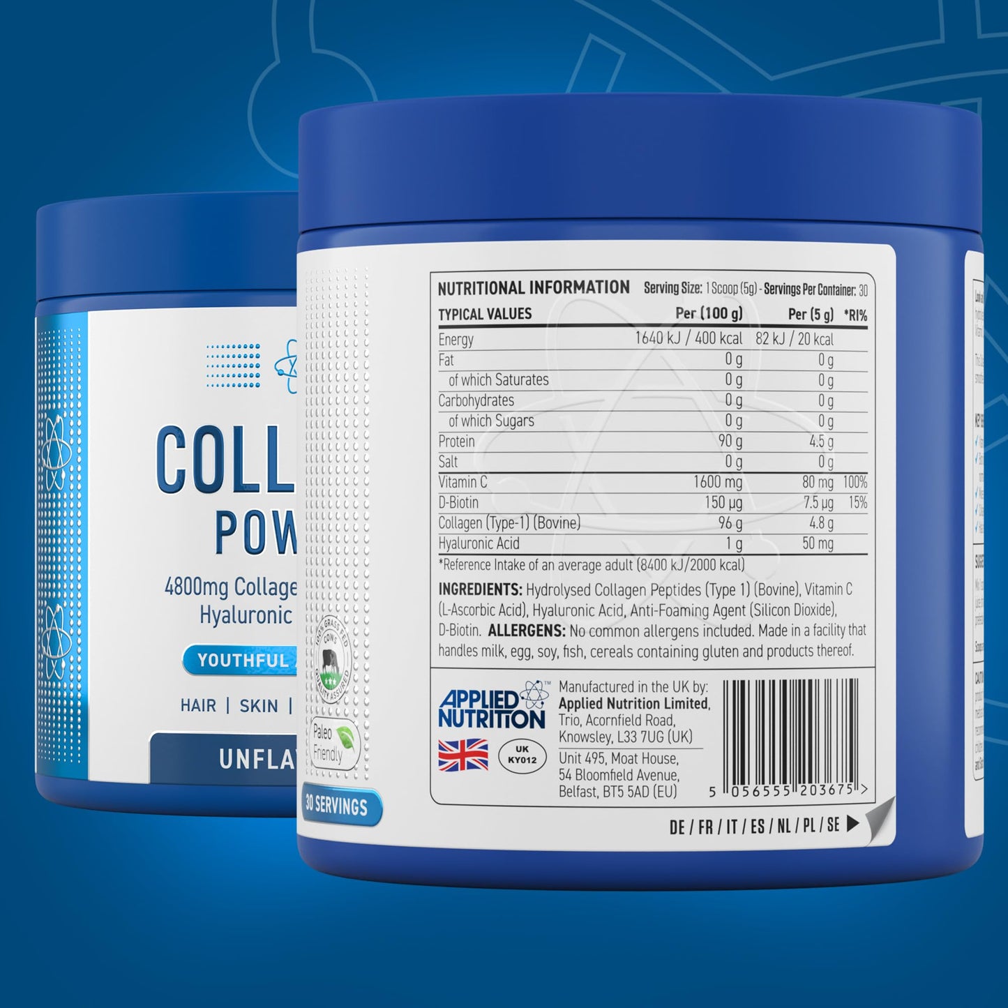 Applied Nutrition Collagen Peptides Powder - Hydrolysed Bovine Collagen Protein, Halal, Healthy Skin, Hair, Nails (Unflavoured) (150g - 30 Servings)