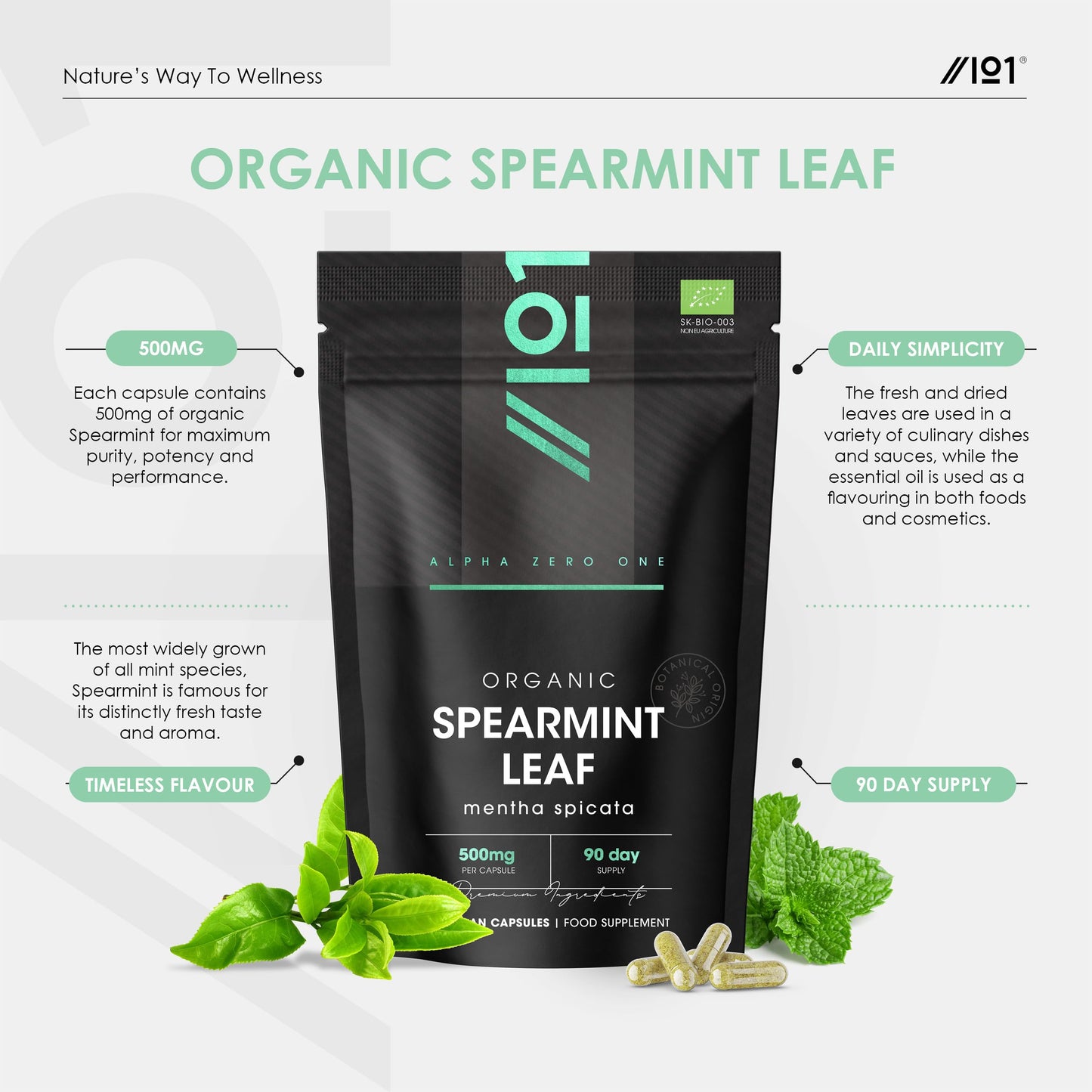 ALPHA01 Organic Spearmint Leaf 500mg – 90 Vegan Capsules – High Strength Mentha Spicata Supplement – Resealable and Recyclable Pouch by Alpha01