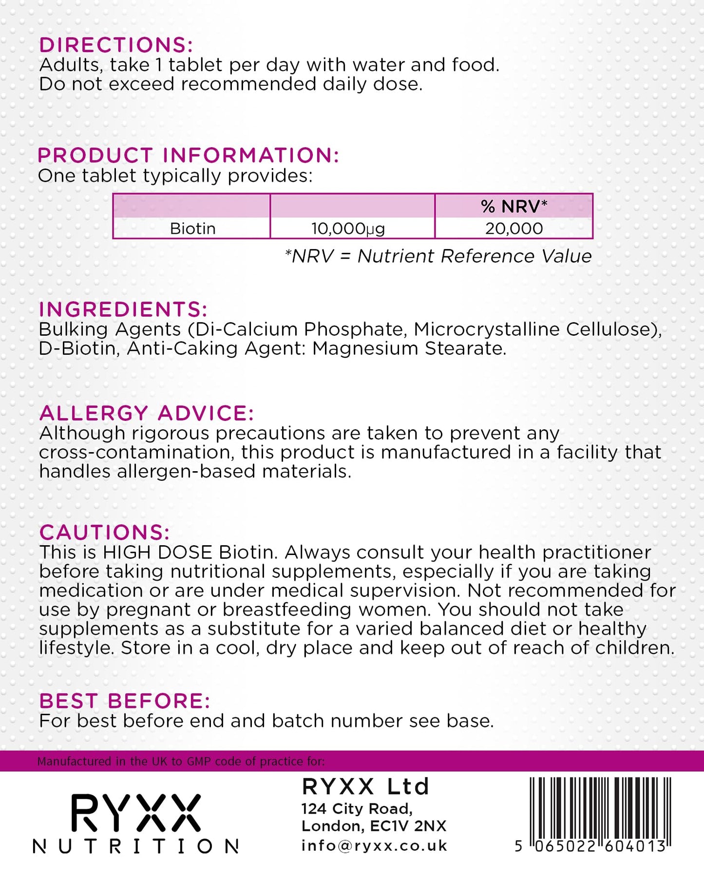 Biotin Complex | Biotin Hair Growth Supplement 10,000μg | High Strength Hair Skin and Nails Vitamins for Women & Men | 120 Vegan Tablets | Made in The UK by RYXX