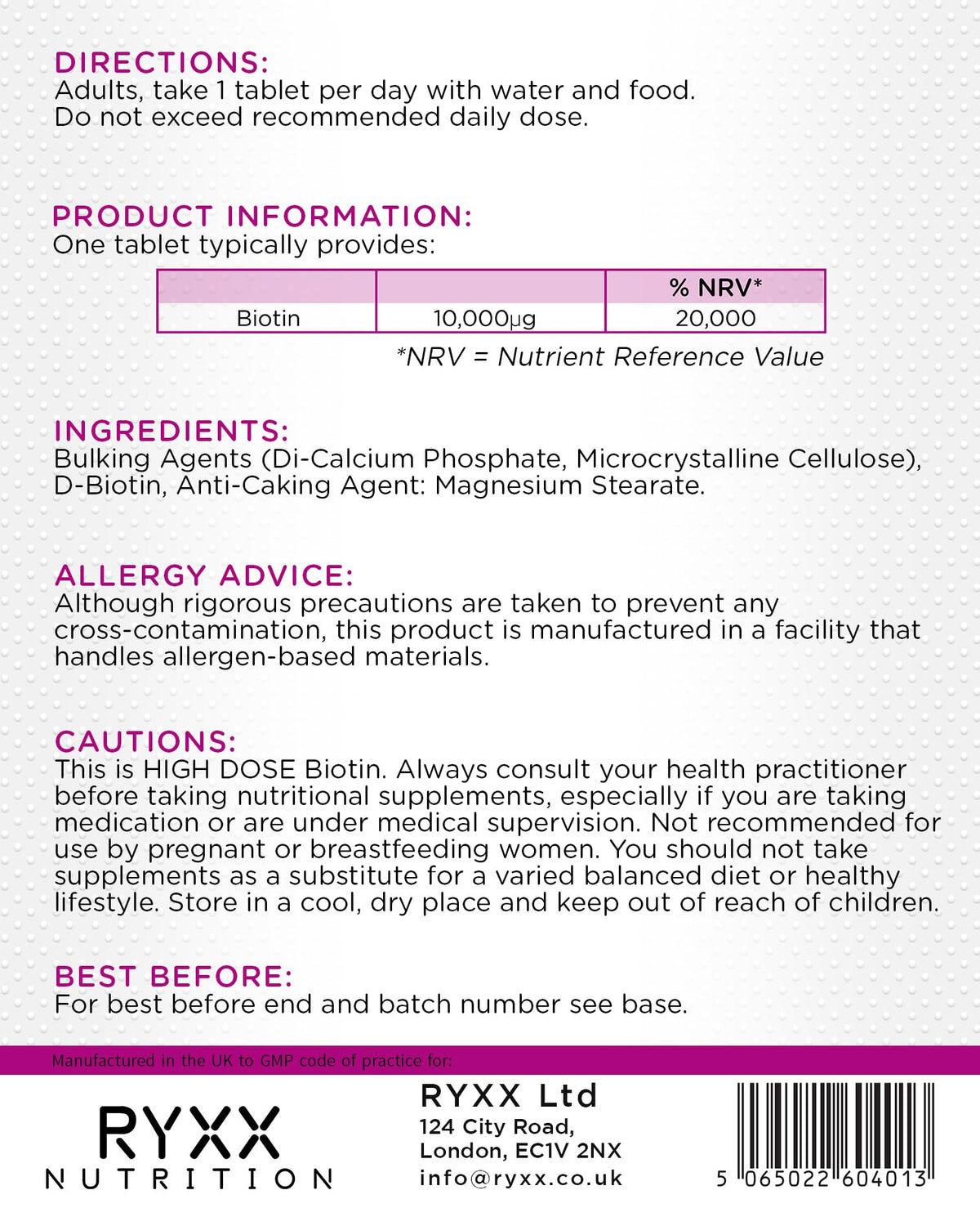 Ryxx Biotin Complex 10,000µg | High Strength Biotin for Hair Growth, Skin & Nails | 120 Vegan Tablets | Made in the UK by RYXX