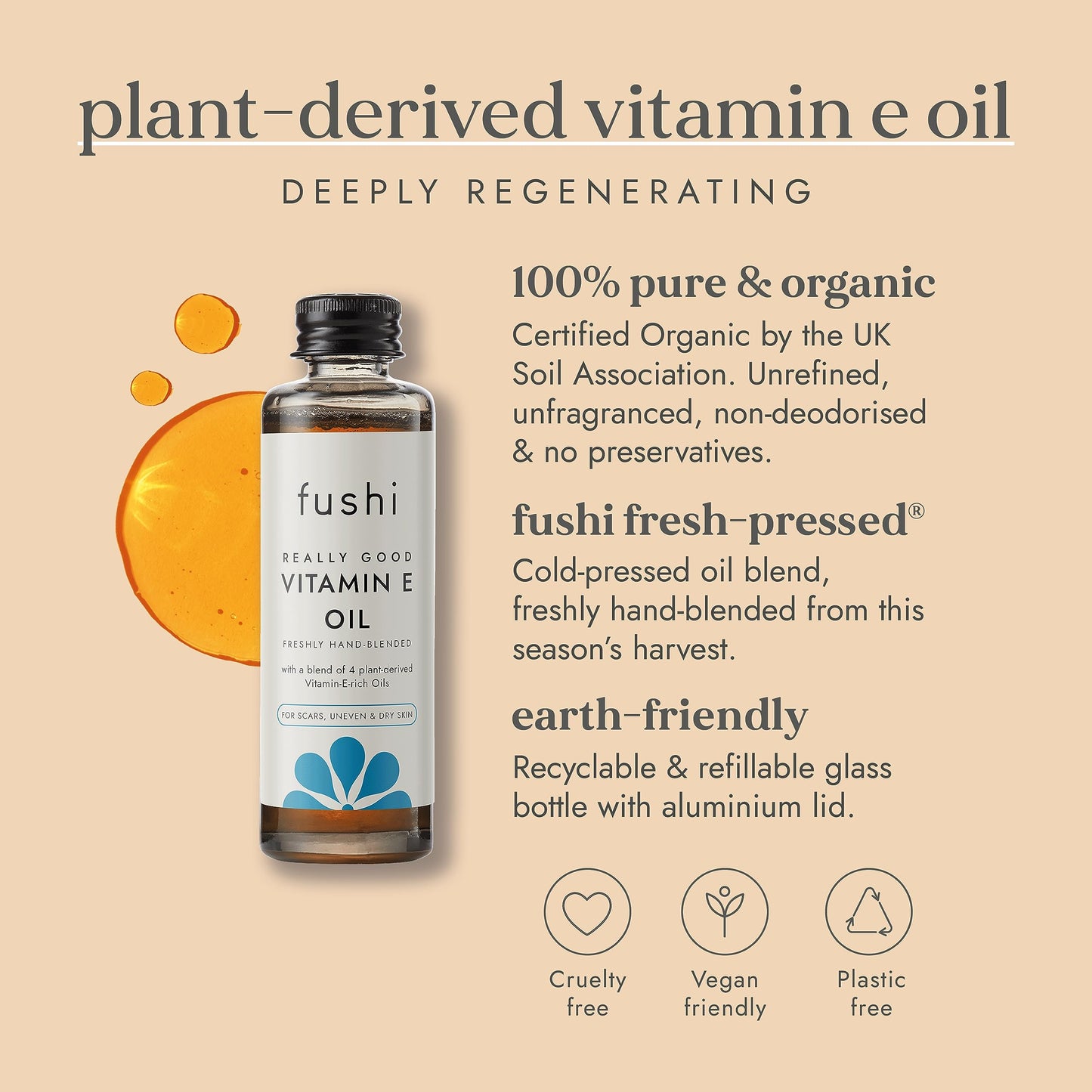 Fushi Really Good Vitamin E Skin Oil 50ml, 30000IU/G |Best for Skin soothing, Dry Skin, Wrinkles, Uneven Skin Tone, Scars | Plant Derived. Vegan. Made in the UK