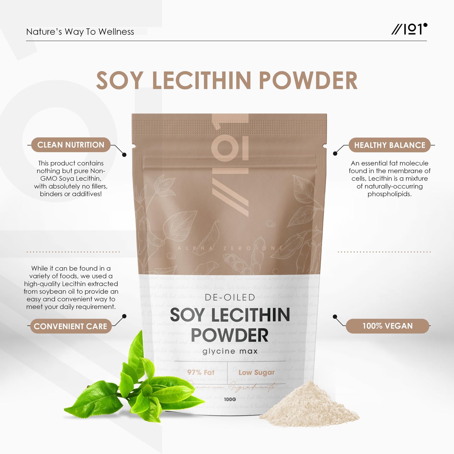ALPHA01 SOYA Lecithin Powder 100g - De-Oiled 97% Essential Fat - Premium Quality - Vegan, Non-GMO, Gluten Free – Recyclable Bag - by Alpha01
