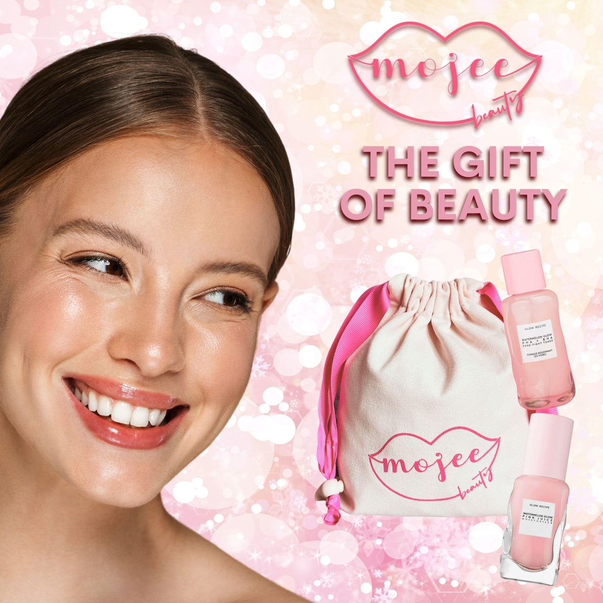 MOJEE BEAUTY Skincare Bundle with Glow Recipe Watermelon Glow PHA+BHA Pore-Tight Toner 40ml, Pink Juice Moisturiser 25ml and Mojee Beauty Canvas Bag