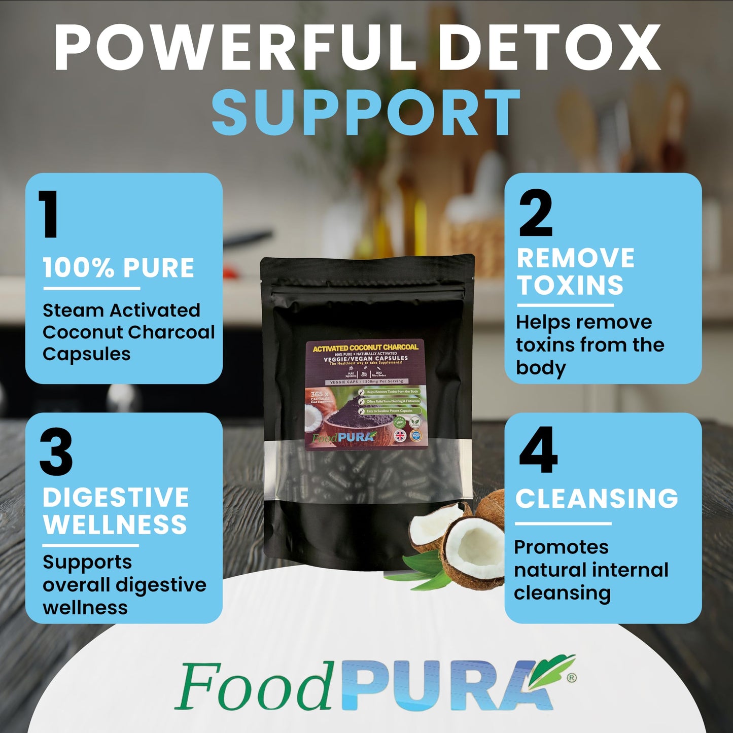 FoodPURA Coconut Activated Charcoal Capsules 1500mg x 365 100% Natural Vegan Digestive Supplement Reduces Bloating & Flatulence After Eating (365)