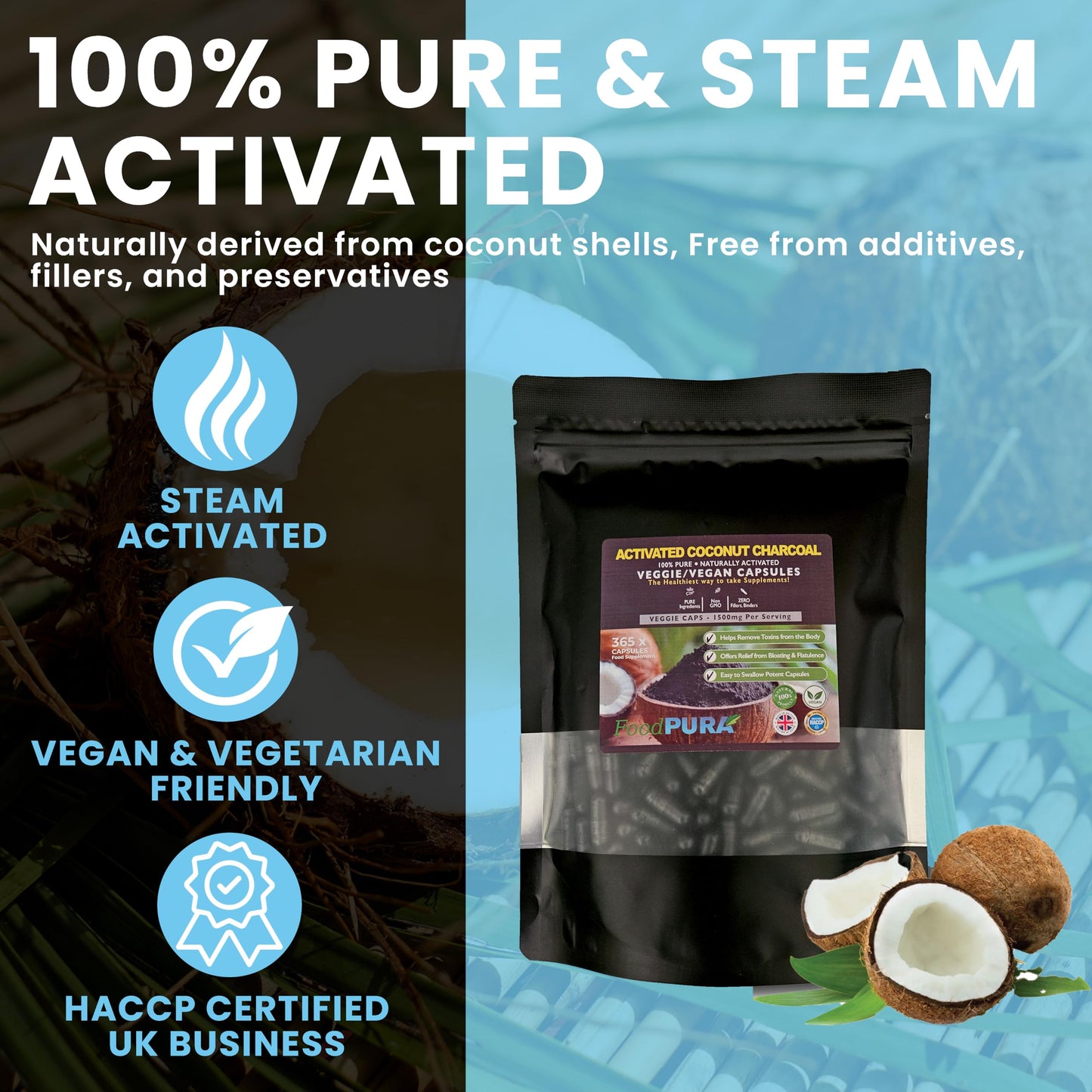 FoodPURA Coconut Activated Charcoal Capsules 1500mg x 365 100% Natural Vegan Digestive Supplement Reduces Bloating & Flatulence After Eating (365)
