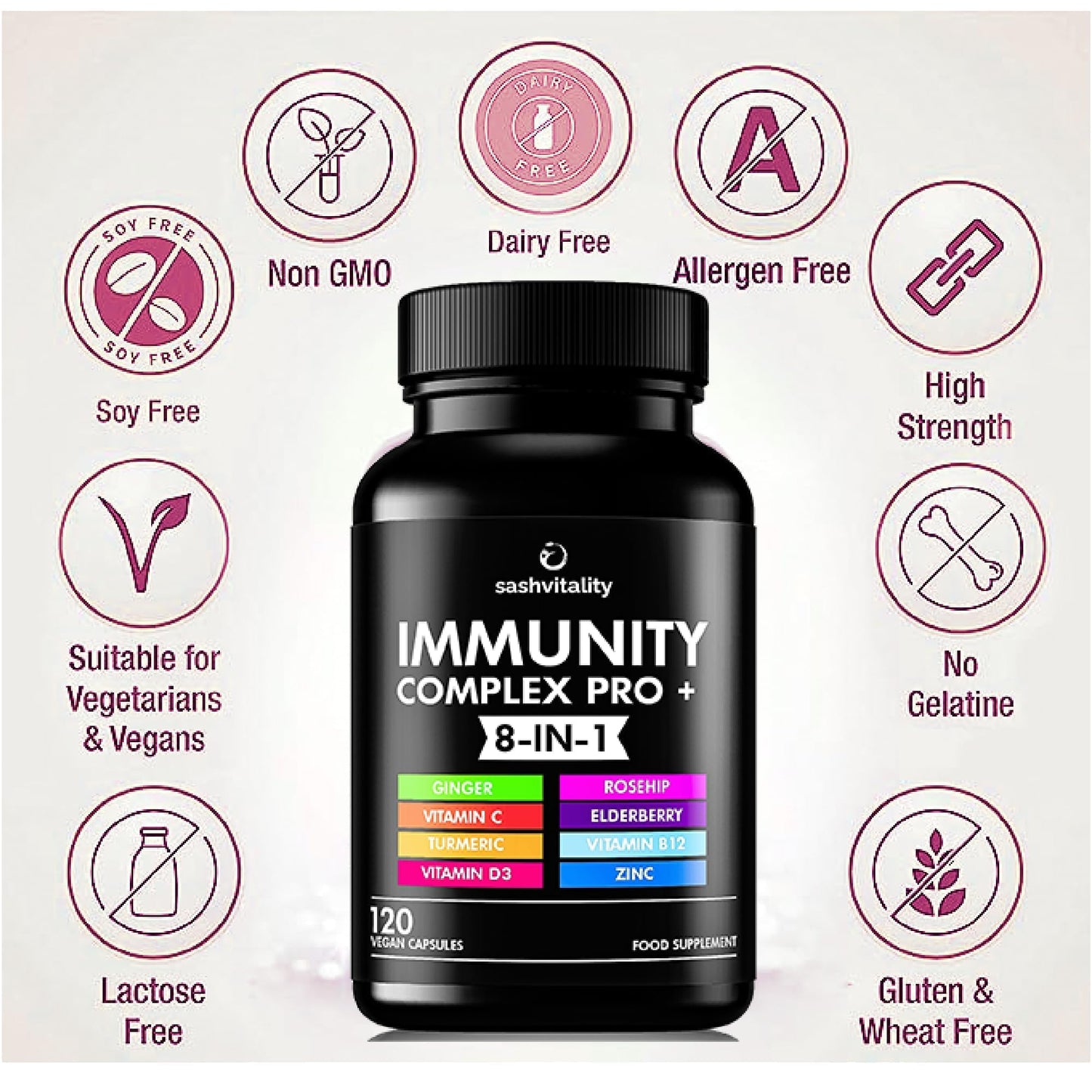 Immune System Booster Supplement - 120 Capsules - Vitamin C and Zinc, Elderberry, Iron, Vitamin B12, D3, Turmeric, Selenium, Garlic, Probiotic – Vegan Multivitamin Complex (Immune System Booster)
