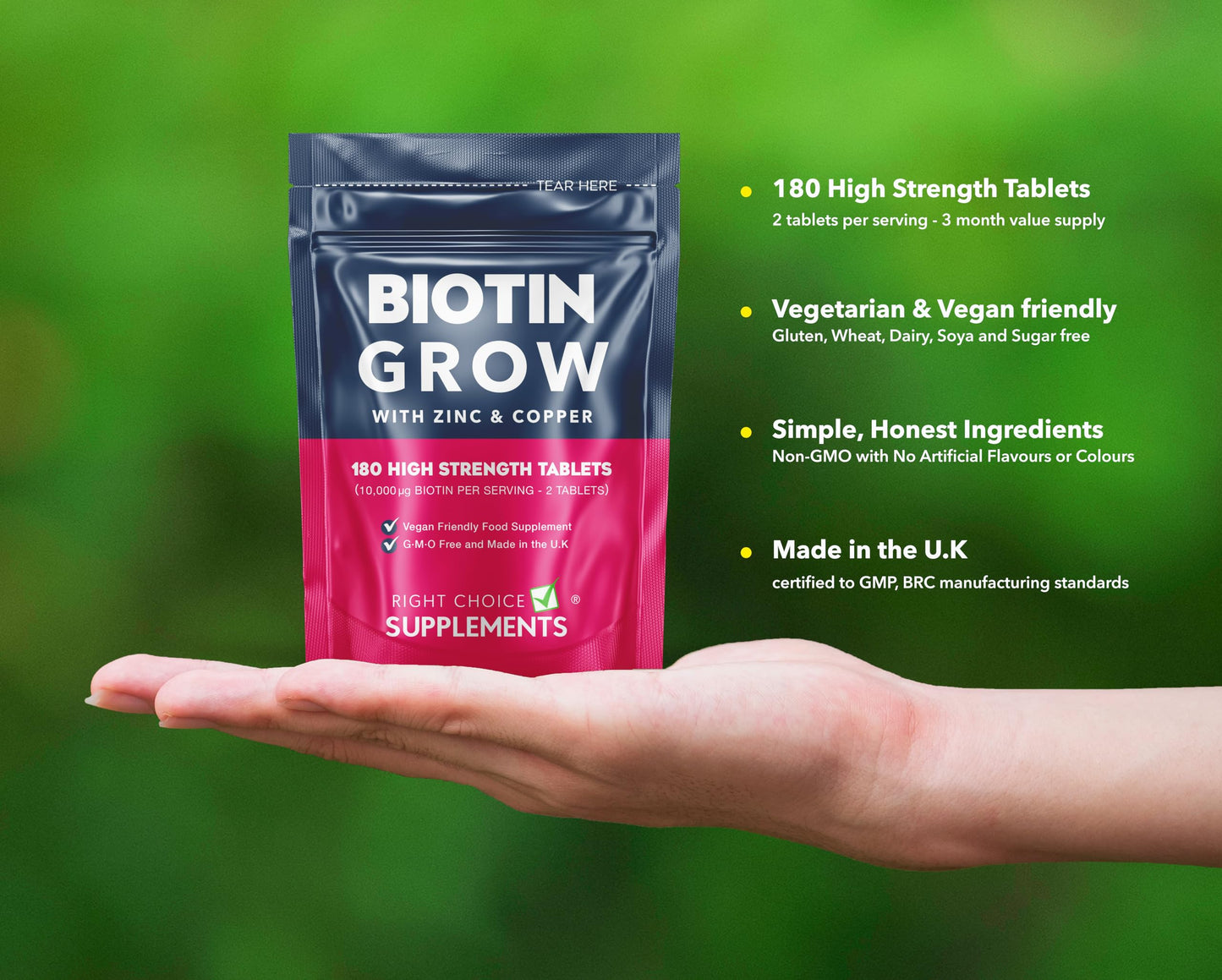 Biotin Hair Growth Supplement - 180 Tablets Enhanced with Zinc & Copper - Biotin 10,000 µg (mcg) per Serving - Vegan, Hair Skin & Nails Vitamins