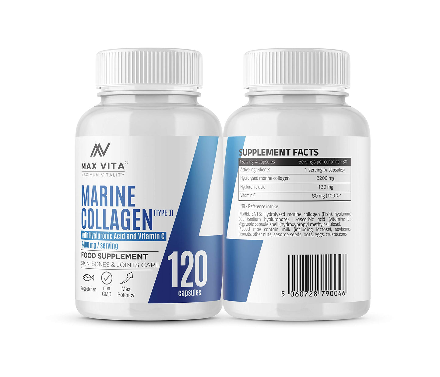 Marine Collagen Type 1 2400mg - 120 Capsules Supplement with Hyaluronic Acid and Vitamin C - High Strength Premium Hydrolysed Collagen Peptides Powder for Healthy Skin Bones & Joints Support