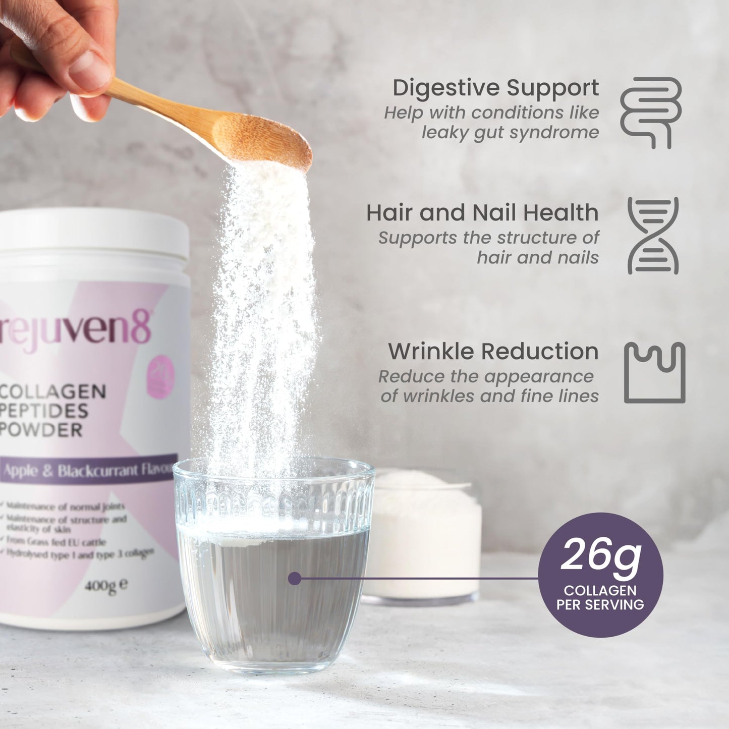 Rejuven8 Collagen Peptides Powder 400g Apple & Blackcurrant - 26g of Collagen and 24g of Protein Per Serving - Grass Fed Bovine Collagen Powder for Women & Men - Protein Collagen Powder