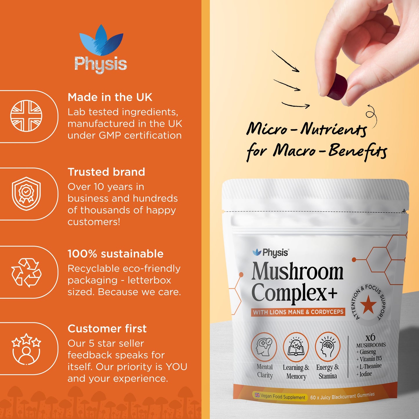 Physis Mushroom Gummies Complex+ | Lions Mane Supplement with Cordyceps & Nootropics | High Strength | 60 x Juicy Blackcurrant Chewables | 1 Month Supply | Neuro-Support | Focus & Attention