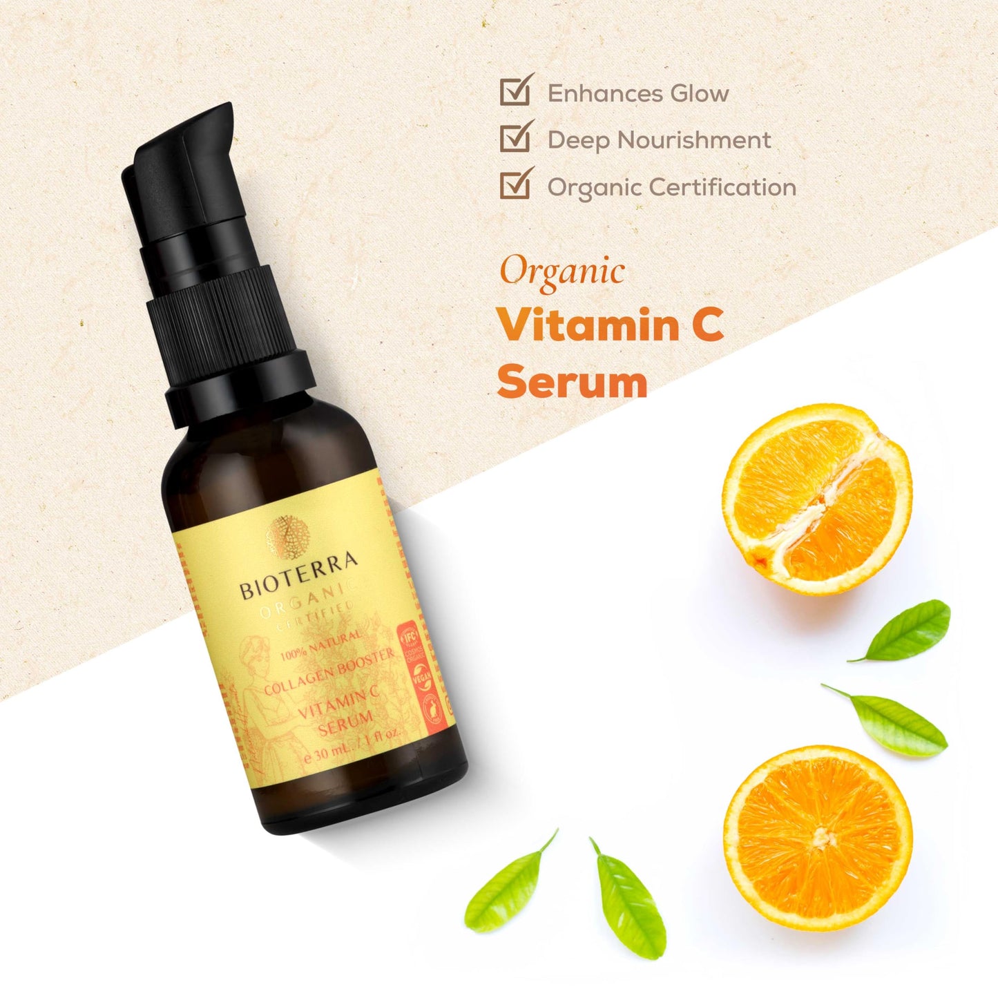 BIOTERRA Bioterra Organic Collagen Booster Vitamin C Serum, 100% Natural, Antioxidant, Skin Brightening, 30ml