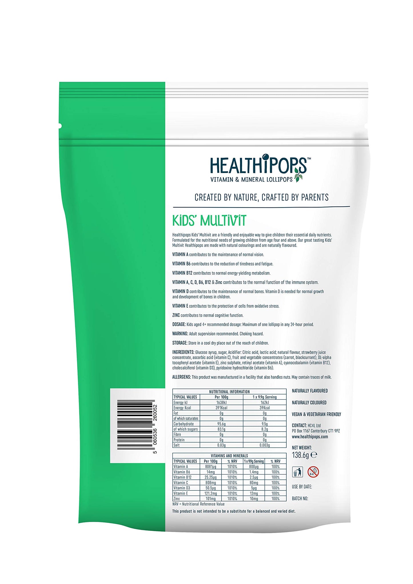Healthipops Vitamin & Mineral Lollipops Kids' Multivit Suitable for Ages 4+ with Added Vitamin A, B6, B12, C, D3, E & Zinc, Strawberry Flavour 14 Lollipops