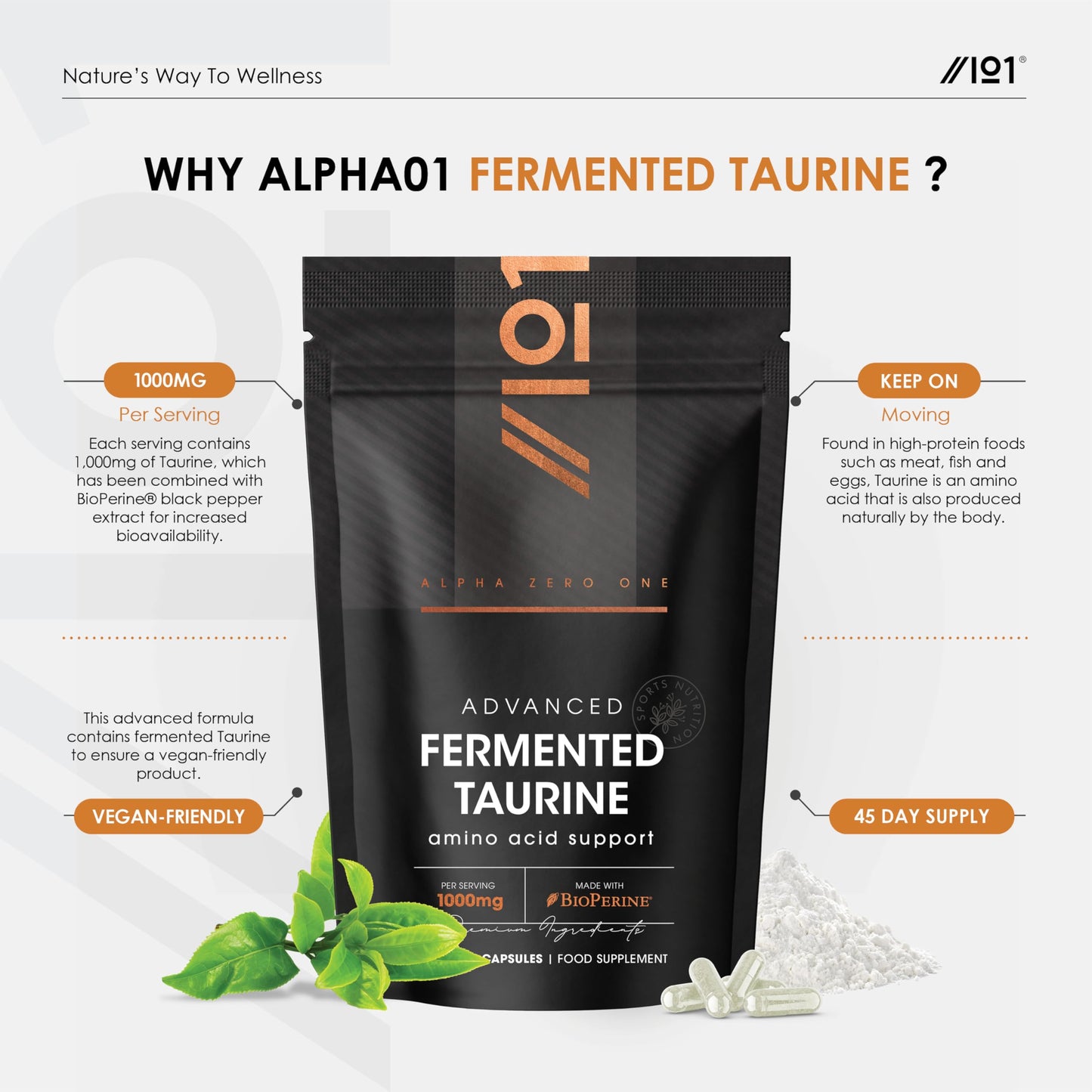Fermented L-Taurine 1000mg with BioPerine® - 90 Vegan Capsules - High Strength Energy & Endurance Sports Supplement - 3 Months Supply by Alpha01