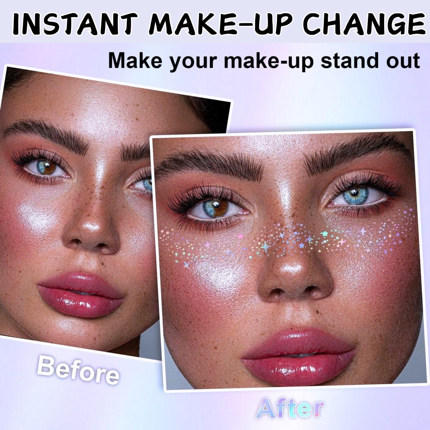 SHEBEEDO 12Pcs Glitter Freckles Face Tattoo,6 Styles Holographic Multichrome Glitter Freckle Face Tattoo,Waterproof Sparkle Temporary Tattoo Cute Star Patches for Festival Rave Makeup Accessories