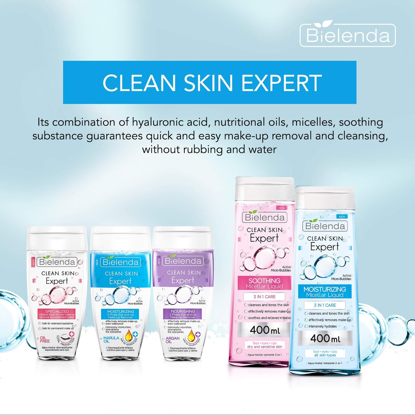 Bielenda Clean Skin Expert - Combination Of Marula Oil And Hyaluronic Acid - Clean Skin Expert Moisturizing 2-Phase Eye And Lip Make-Up Remover With Marula Oil - 150 ml