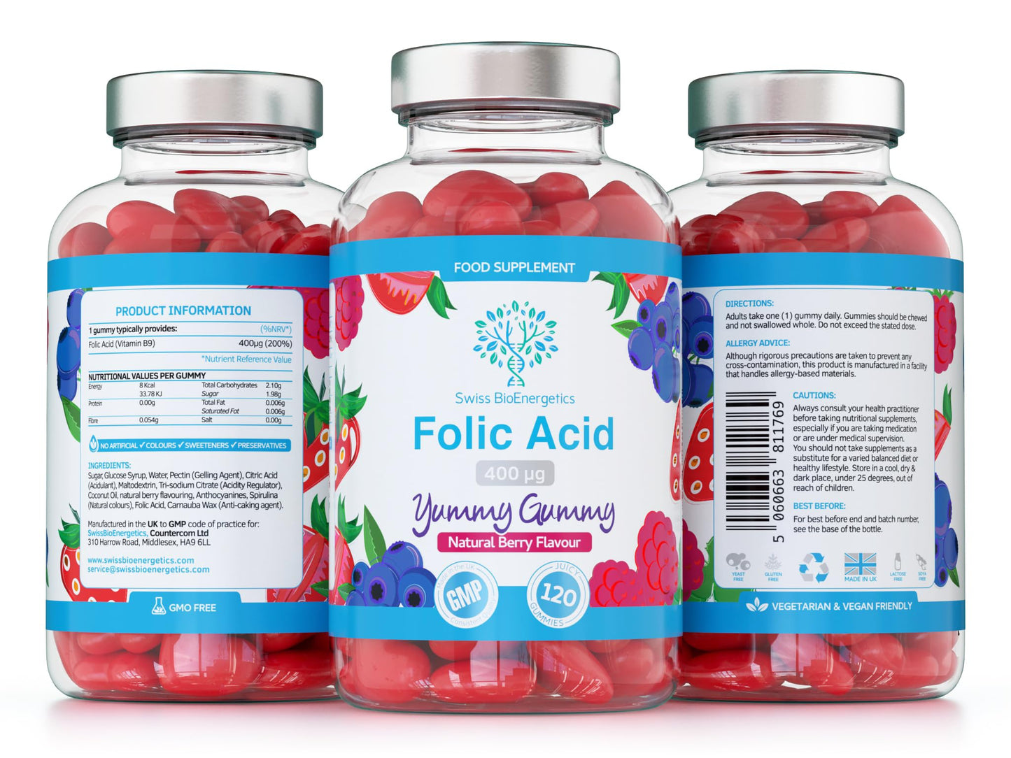 swiss bioenergetics Folic Acid Gummies - 400μg, 120 Natural Berry Flavoured & Vegan Gummies - High Strength Vitamin B9 Folic Acid Pregnancy Support Prenatal Vitamin - No Artificial Sweeteners or Flavours – UK Made