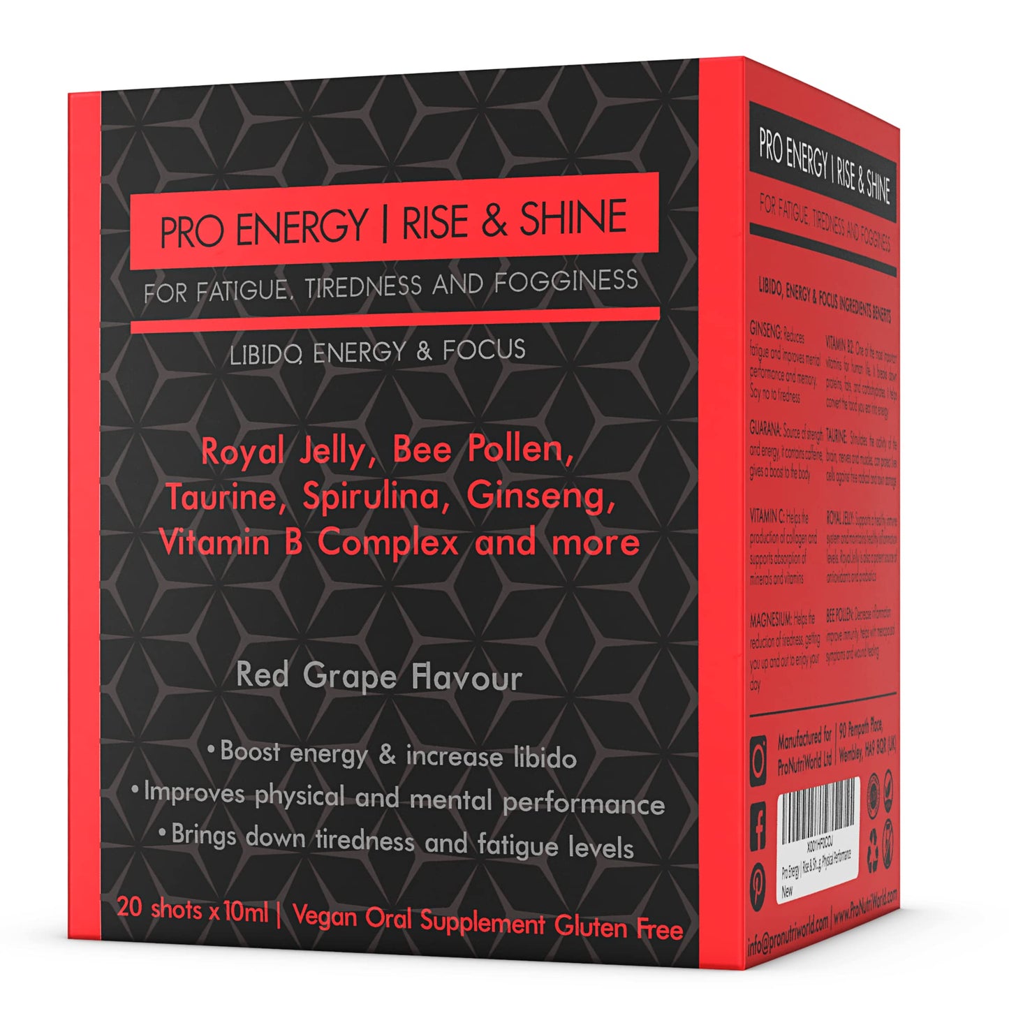 ProNutriWorld Energy Supplement for Memory and Focus with Royal Jelly Oral Liquid Ginseng, Guarana Extract, Taurine and Rhodiola for Tiredness, Fatigue and Immune Support (20 Servings)