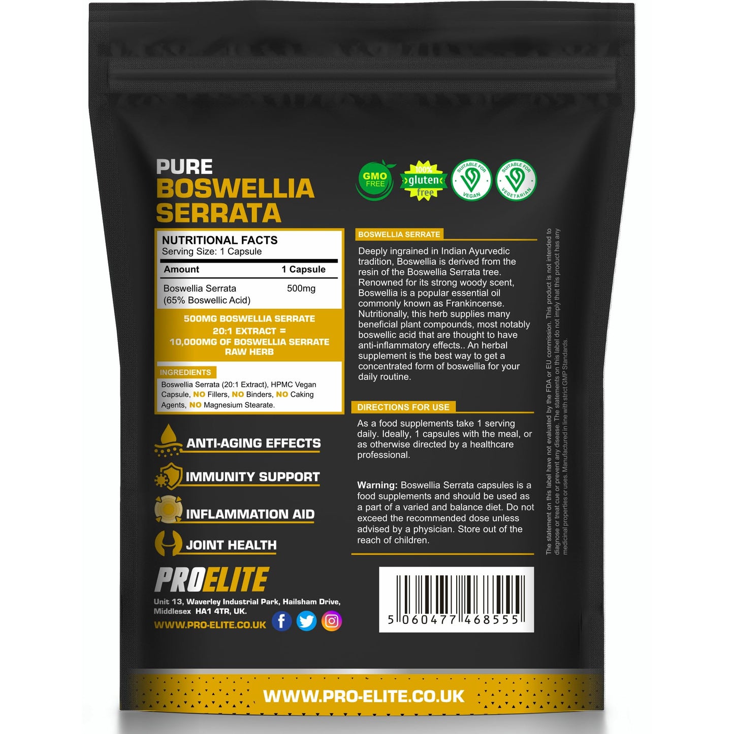 Boswellia Serrata Extract 10,000mg – 65% Boswellic Acid (500mg per Capsule) | Joint Care Supplements | 120 Capsules (4 Months Supply) | Indian Frankincense Resin | by PROELITE