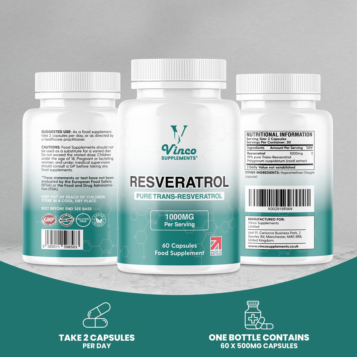 Vinco Supplements Vinco Resveratrol 1000mg, 60 Capsules - 100% Pure Trans-Resveratrol Supplement for Cellular Health and Cardiovascular Wellness - Non-GMO & Gluten Free - Made in The UK