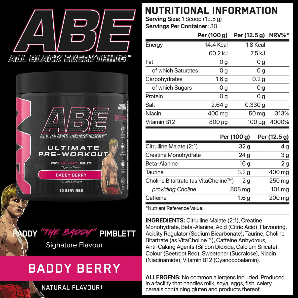 Applied Nutrition Bundle ABE Pre Workout 375g + ABE Black Shaker 700ml | All Black Everything Pre Workout Powder, Energy Drink, Physical Performance, Creatine, Beta Alanine, Caffeine (Baddy Berry)