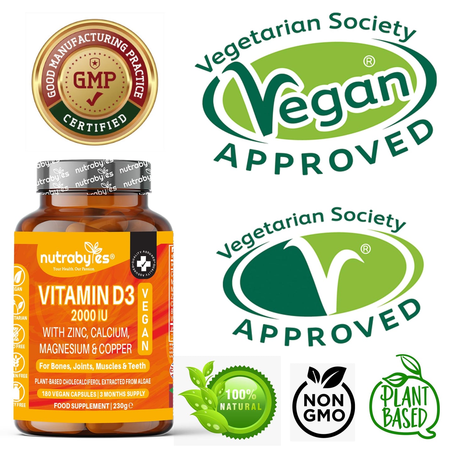 Vegan Vitamin D3 2000iu with Magnesium Calcium & Zinc Supplement, Advanced Immunity Support, Strong Bones & Teeth, Muscle Recovery, Sleep Better,180 Vegan Capsules, 3 Months Supply, UK Nutrabytes