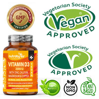 Vegan Vitamin D3 2000iu with Magnesium Calcium & Zinc Supplement, Advanced Immunity Support, Strong Bones & Teeth, Muscle Recovery, Sleep Better,180 Vegan Capsules, 3 Months Supply, UK Nutrabytes
