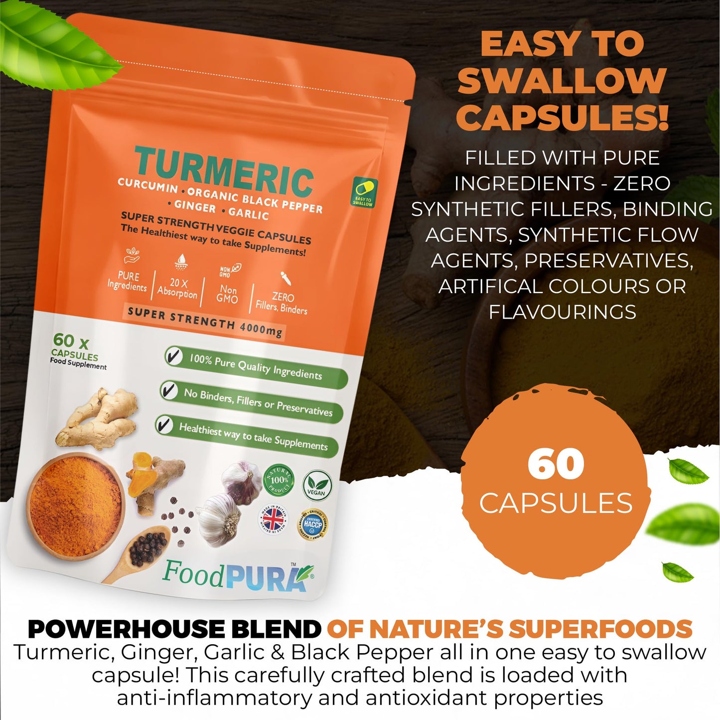 FoodPURA 4000mg Turmeric (Curcumin), Ginger, Garlic & Organic Black Pepper Capsules HACCP Certified, Manufactured in The UK by FoodPURA (60)