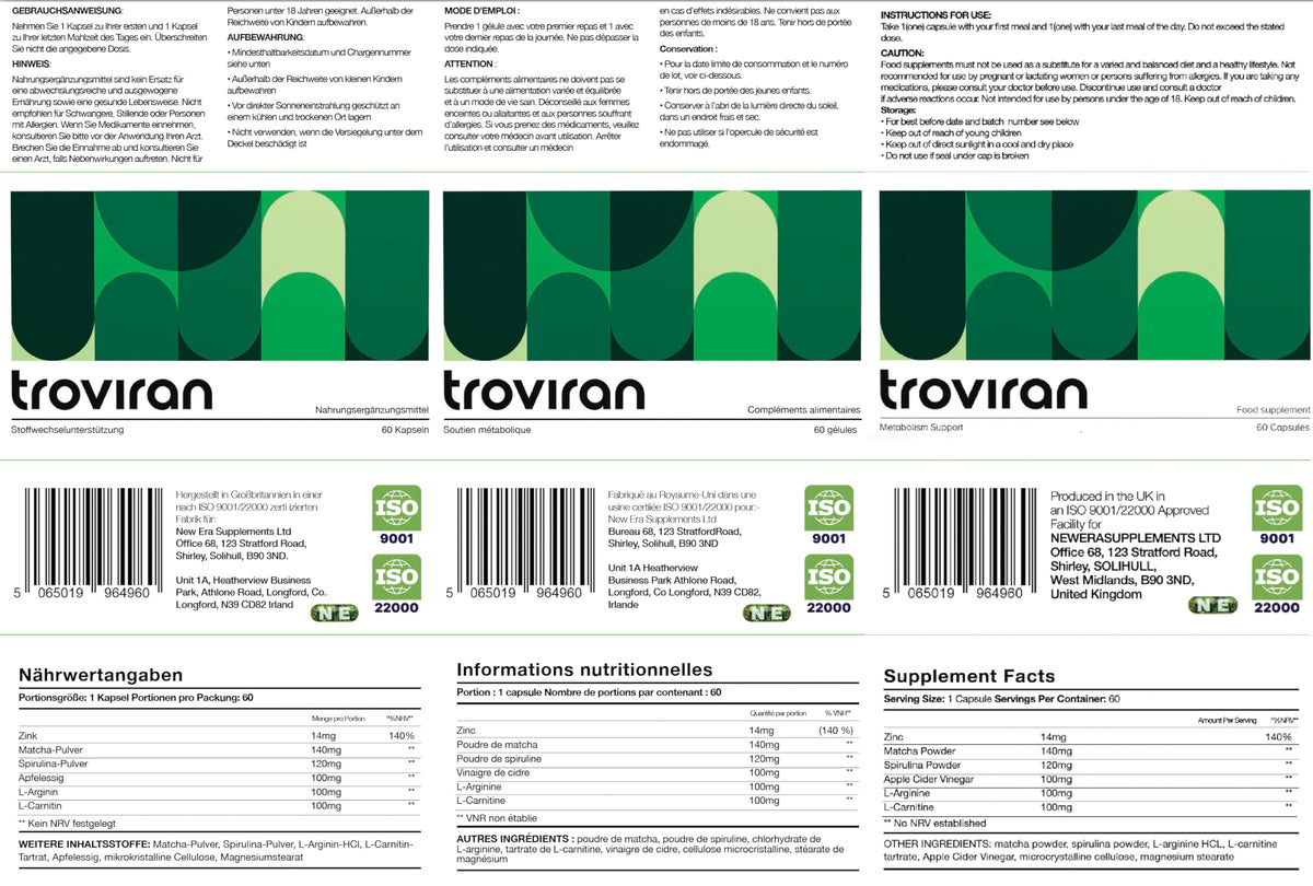 N E Troviran Metabolism Support Formula, 60 Capsules, Vegan and Gluten Free
