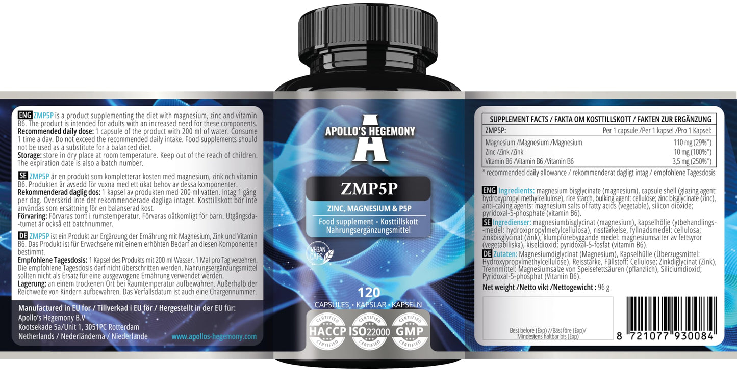 ZMP5P 375 mg per Portion - Magnesium, Zinc, Vitamin B6 in Chelated Form - 120 Vegan Capsules - 40 Day Supply - for Enhanced Health and Wellness - by Apollo’s Hegemony