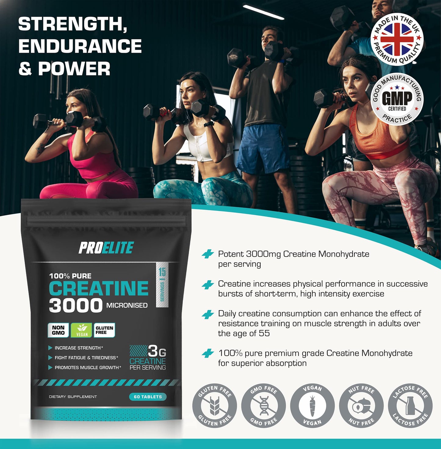 Creatine Monohydrate 3000mg - 420 Tablets - Gym Energy Supplement for Men & Women for Workout - Micronised Creatine Powder Capsules Alternative - Vegan & Keto Unflavoured by PROELITE