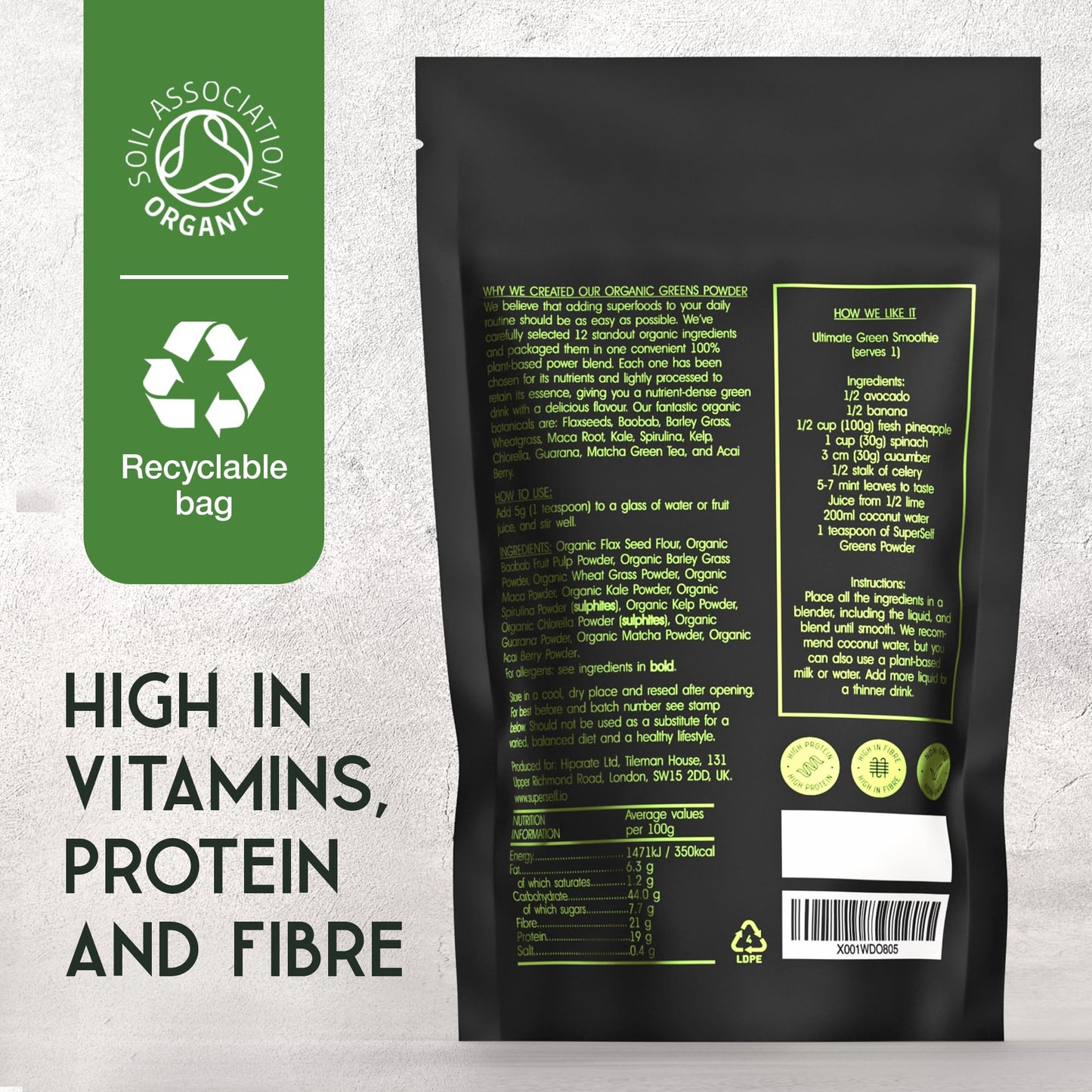 SuperSelf Organic Super Greens Powder - Daily Superfood Green Powder with Matcha, Spirulina, Wheatgrass, Chlorella, Acai - 40 Servings - 12 Supergreens High in Vitamins, Protein, Fibre - No Additives