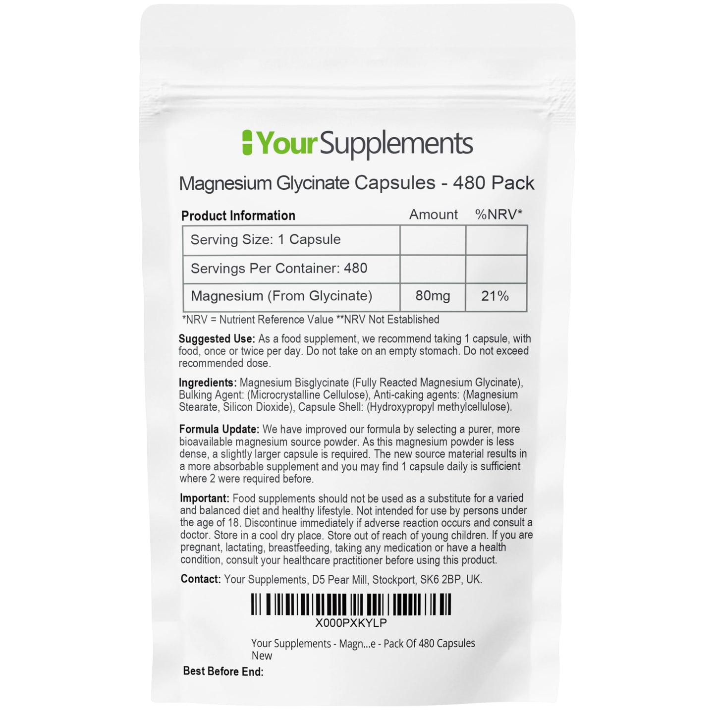 YourSupplements Magnesium Glycinate Supplements | 480 Capsules | True Fully Chelated | Premium Unblended High Absorption Bisglycinate | UK Made | Vegan Friendly