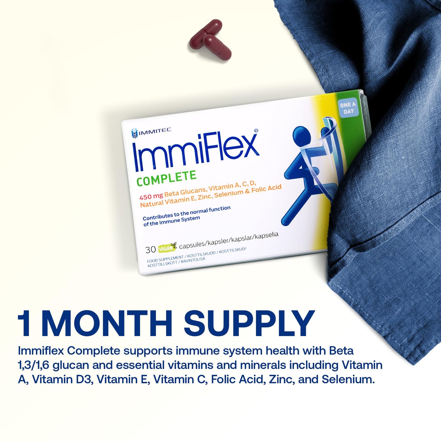 Immiflex Complete | Immune System Booster with 450 mg Beta Glucans | Vitamin D, Vitamin C, Vitamin E, Vitamin A, Zinc, Selenium and Folic Acid | 30 Veg. Capsules (1 Month Supply)
