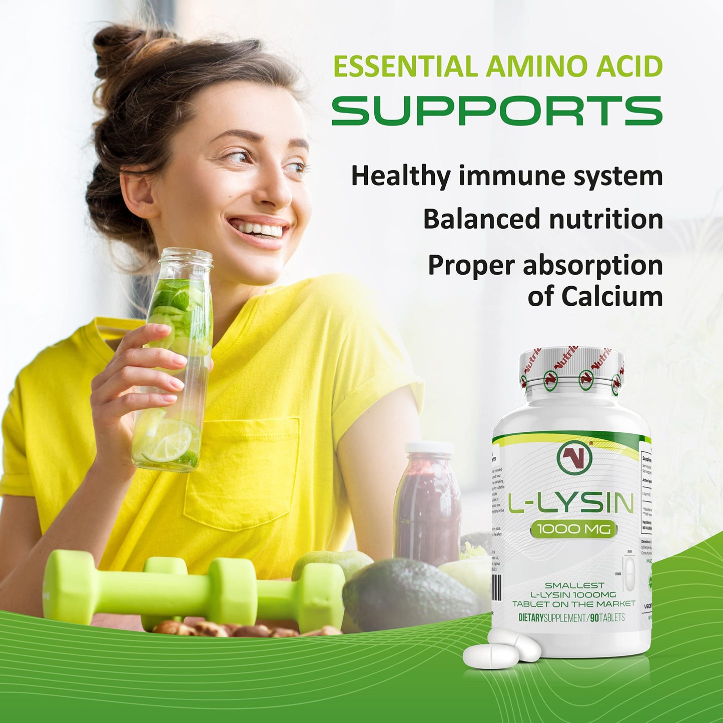 L-Lysine x 90 1000mg Tablets | Smallest 19mm Formula | Easier to Swallow and Quicker to Absorb - Suitable for Vegetarian and Vegan. (90)