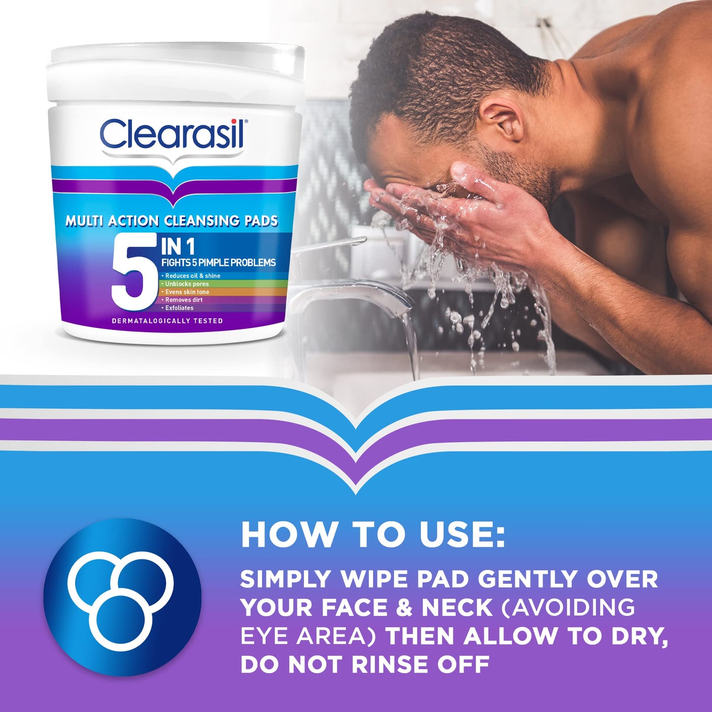 Clearasil 5-In-1 Multi-Action Cleansing Salicylic Acid Pads, Face Exfoliating For Acne Prone Skin, Unblock Pores, Reduces Blackheads, Pimples & Excess Oil, Everyday Spot Prevention, 65's (Pack Of 3)