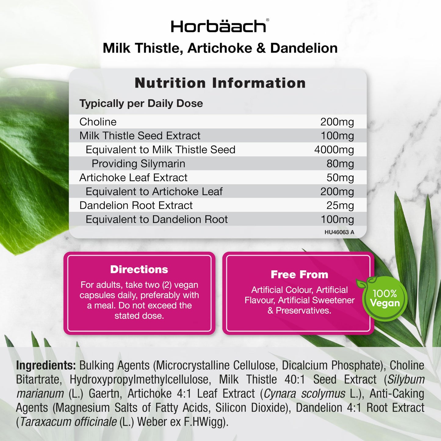 Milk Thistle Capsules 4500mg | 80% Silymarin | Hisht Strength Complex with Artichoke, Dandelion and Choline | 120 Capsules | 100% Vegan Supplement | by Horbaach