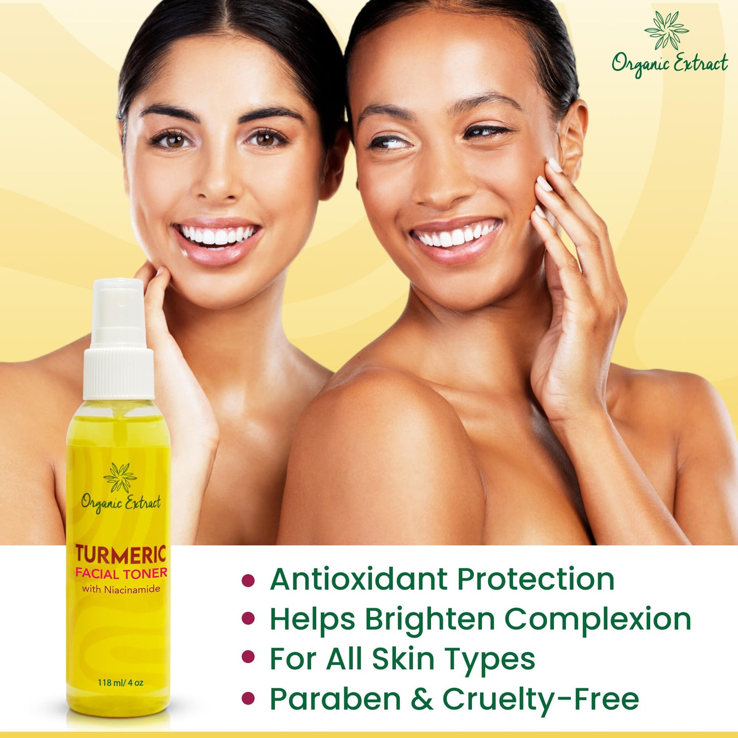 ORGANIC EXTRACT Organic Extract Turmeric Facial Toner - 4 fl oz / 118 ml - Skin Brightening Face Toner, Gently Removes Impurities - Exfoliating, Hydrating Toner with Niacinamide, Glycerin, Aloe Vera
