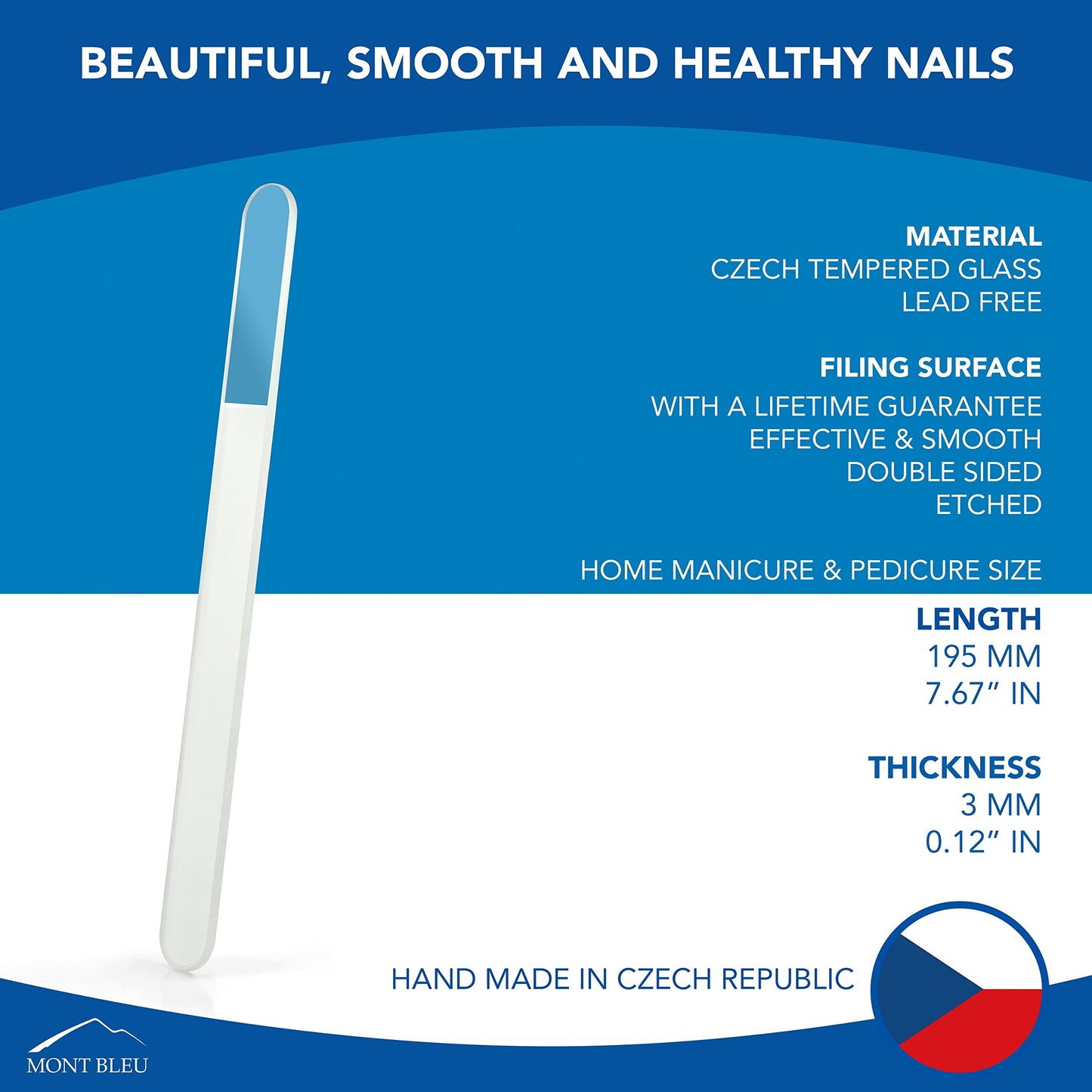 Mont Bleu Large Colour Crystal Nail File in Black Pouch - Genuine Czech Tempered Glass - Handmade in Czech Republic