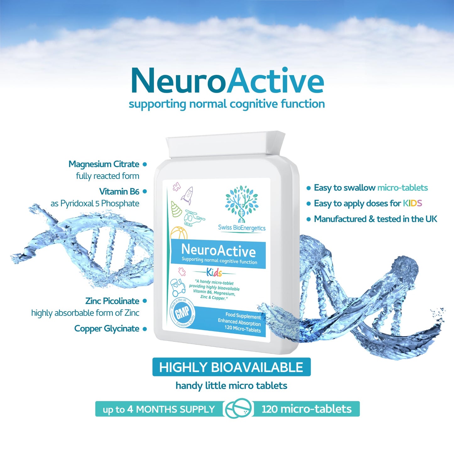 NeuroActive 120 Highly bioavailable Micro-Tablets - Magnesium Citrate, Zinc Picolinate, Copper Glycinate & Vitamin B6 Balanced for Children and Adults - Vegan - UK Made