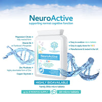 NeuroActive 120 Highly bioavailable Micro-Tablets - Magnesium Citrate, Zinc Picolinate, Copper Glycinate & Vitamin B6 Balanced for Children and Adults - Vegan - UK Made