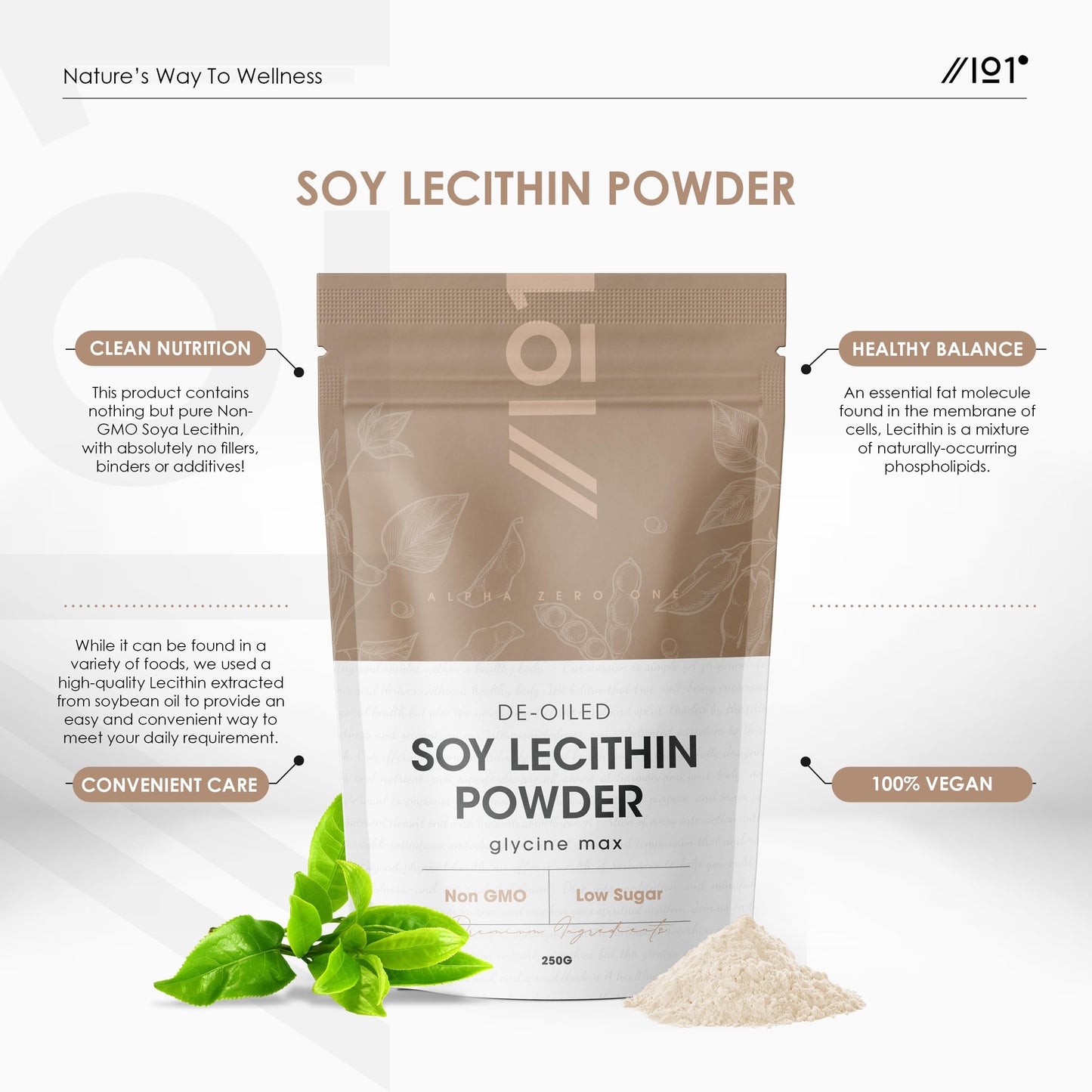 SOYA Lecithin Powder 250g – De-Oiled 97% Essential Fat – Additive Free & Non-GMO – Resealable and Recyclable Pouch by Alpha01