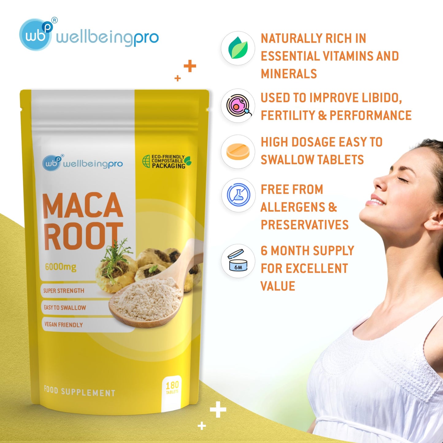 WBP Maca Root 6000mg Tablets (6 Month Supply) - Super Strength Unisex Vegan Herbal Extract - Eco & Letterbox-Friendly Compostable Packaging - Premium Quality Peruvian Maca Made in the UK - 180 Tablets