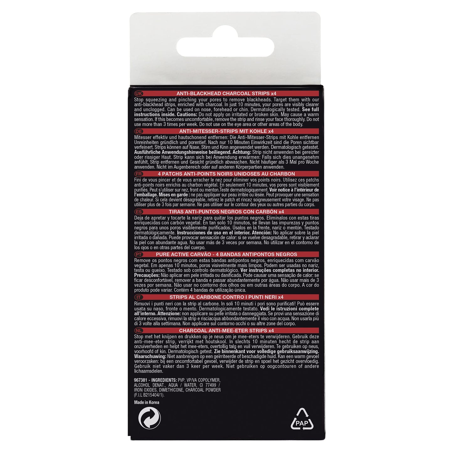 Garnier Pure Active Anti-Blackhead Charcoal Nose Strips, Pack of 4 Nose Strips, Remove Blackheads, Impurities & Excess Sebum, Use on Nose, Forehead and Chin, Dermatologically Tested