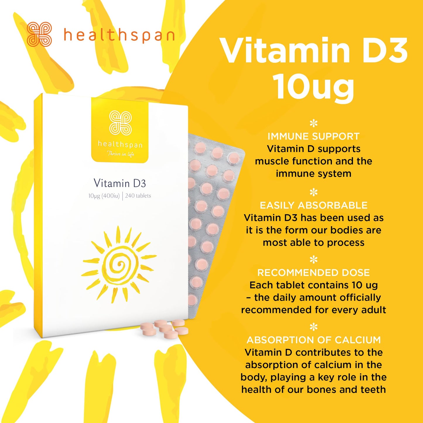 Healthspan Vitamin D3 10µg (8 Months' Supply) | Support Your Immune Health & Promotes Healthy Bones, Teeth & Muscles | Vegetarian