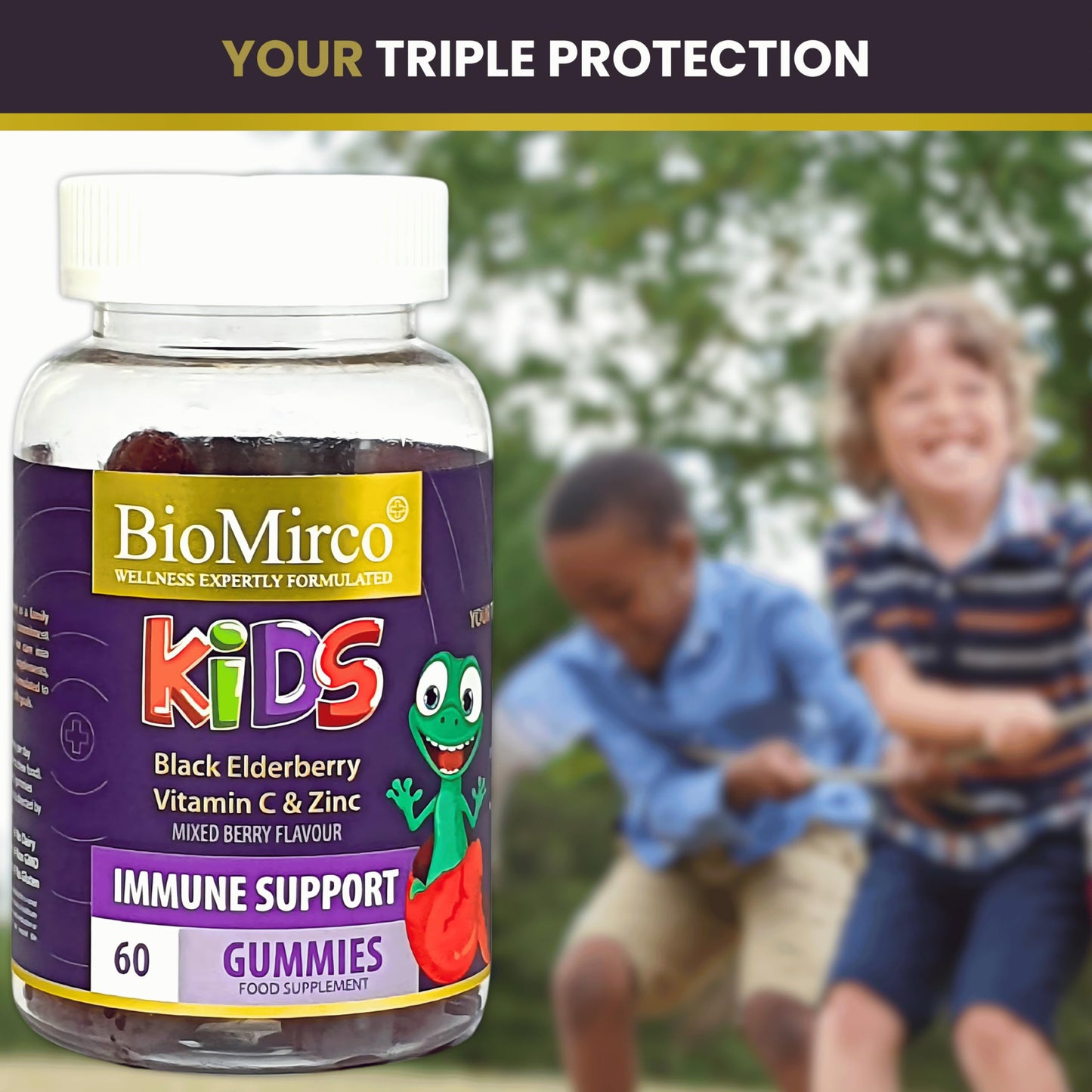 Bio Mirco Kids Triple Immunity Complex, Immune Boosting Gummies for Kids, Vitamin C, Zinc and Elderberry, 60 Gummies – 2 Month Supply, Elderberry Flavour, Great Tasting,Support Immunity and Overall Wellness