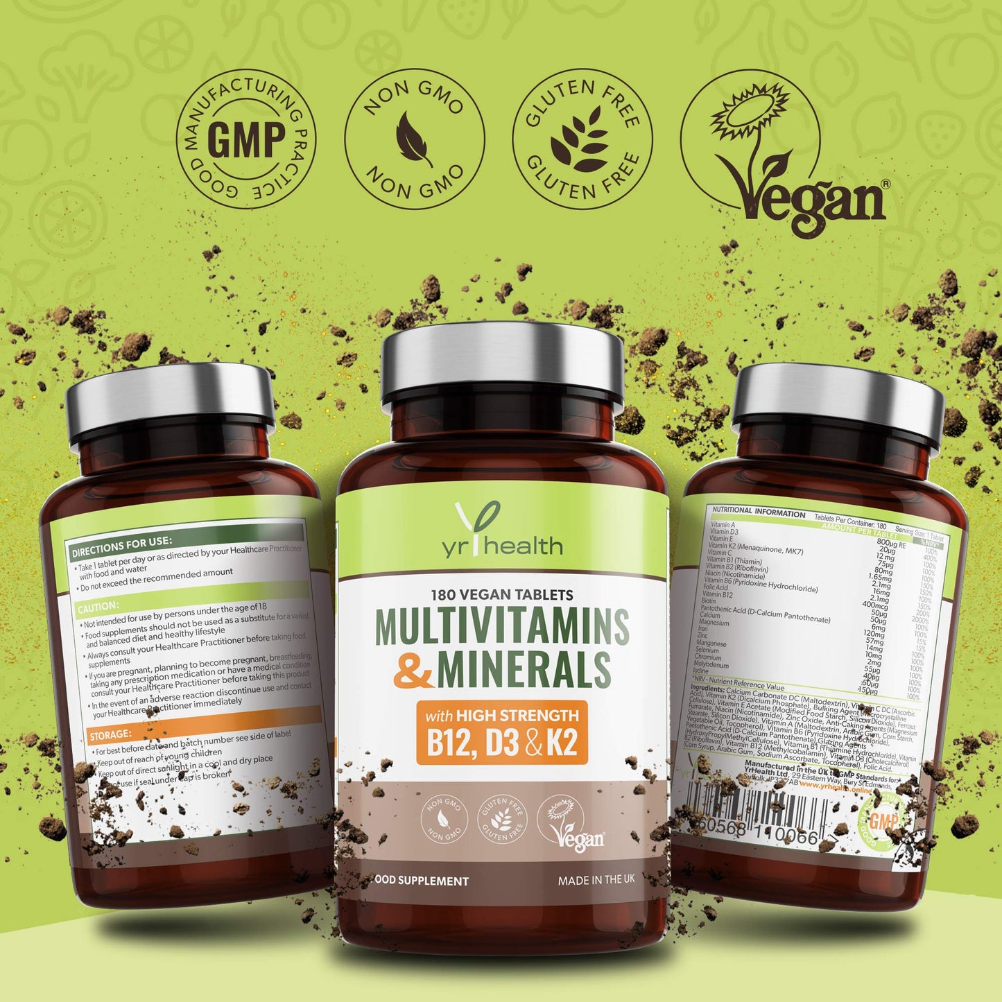 Vegan Multivitamins & Minerals with Vitamin B12, D3 & K2, Zinc and Iron, 180 Vegan Society Registered Tablets for Men and Woman, 6 Month Supply - Made in The UK by YrHealth