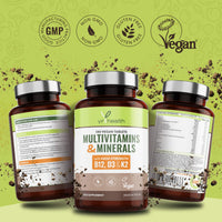 Vegan Multivitamins & Minerals with Vitamin B12, D3 & K2, Zinc and Iron, 180 Vegan Society Registered Tablets for Men and Woman, 6 Month Supply - Made in The UK by YrHealth