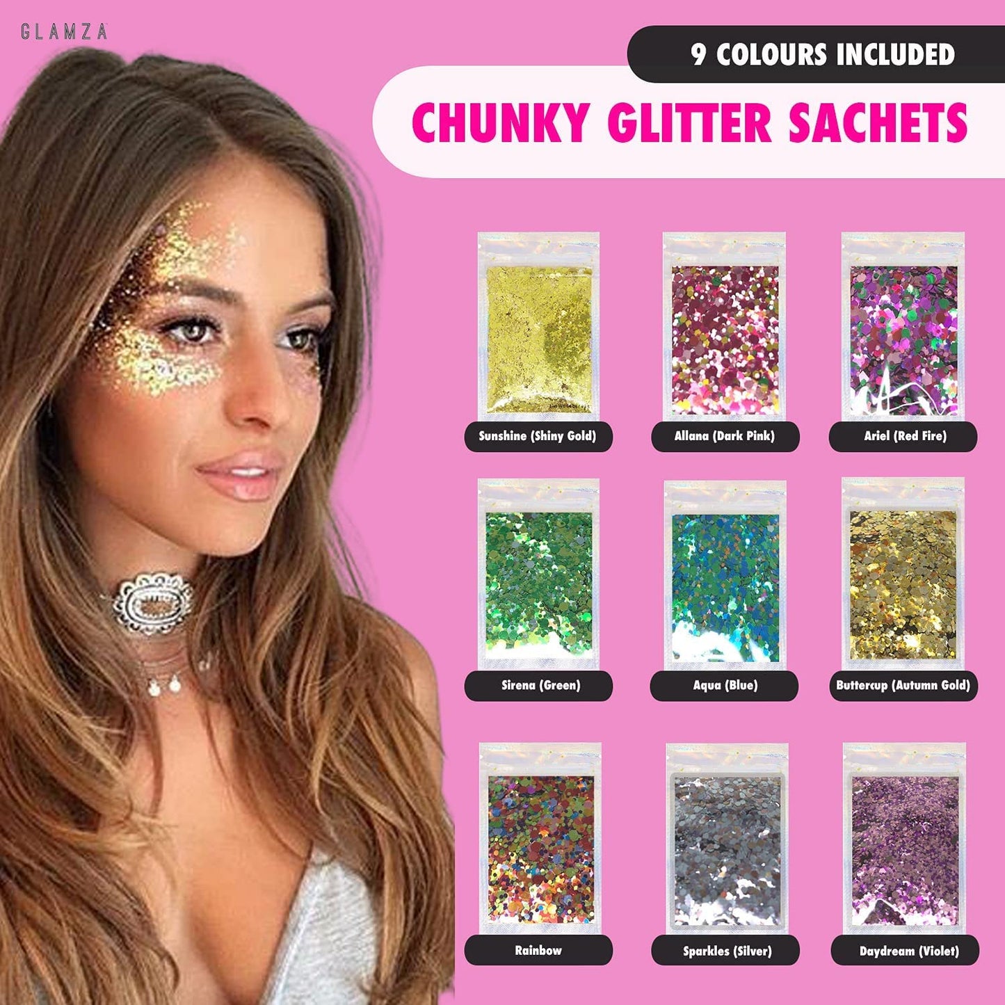Glamza Festival Face Jewels x6 Sets of Face Gems PLUS x9 Sachets of 10g Glitter Pouches for Face & Body