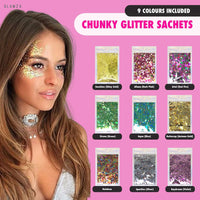 Glamza Festival Face Jewels x6 Sets of Face Gems PLUS x9 Sachets of 10g Glitter Pouches for Face & Body